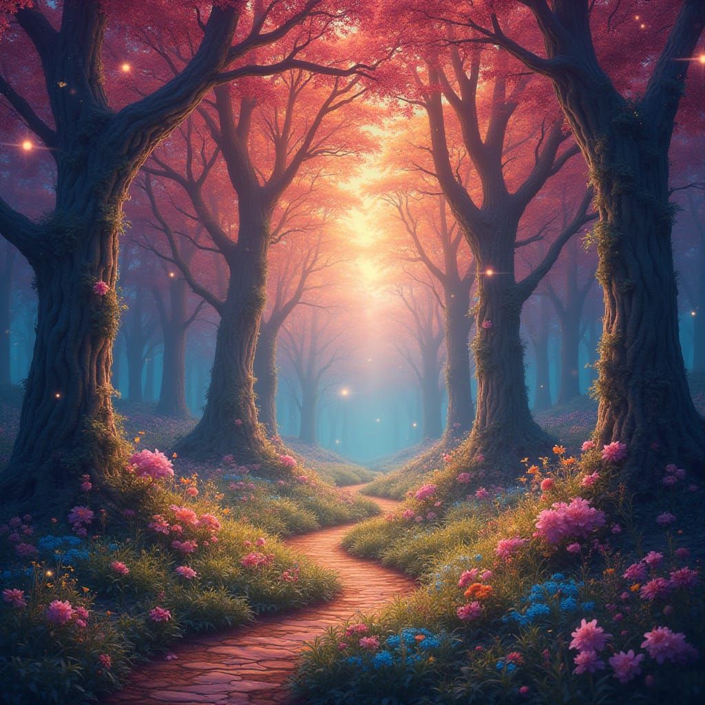 A surreal paradise of a world within a world, trees, blossoms, wild flowers, stars, galaxies and bokeh golden light