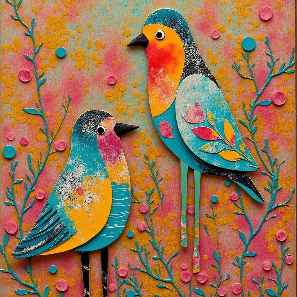 <lora:Gelliprint:1.0> A vibrant and whimsical mixed media artwork featuring colorful birds as the main subject, created in the eclectic styl...