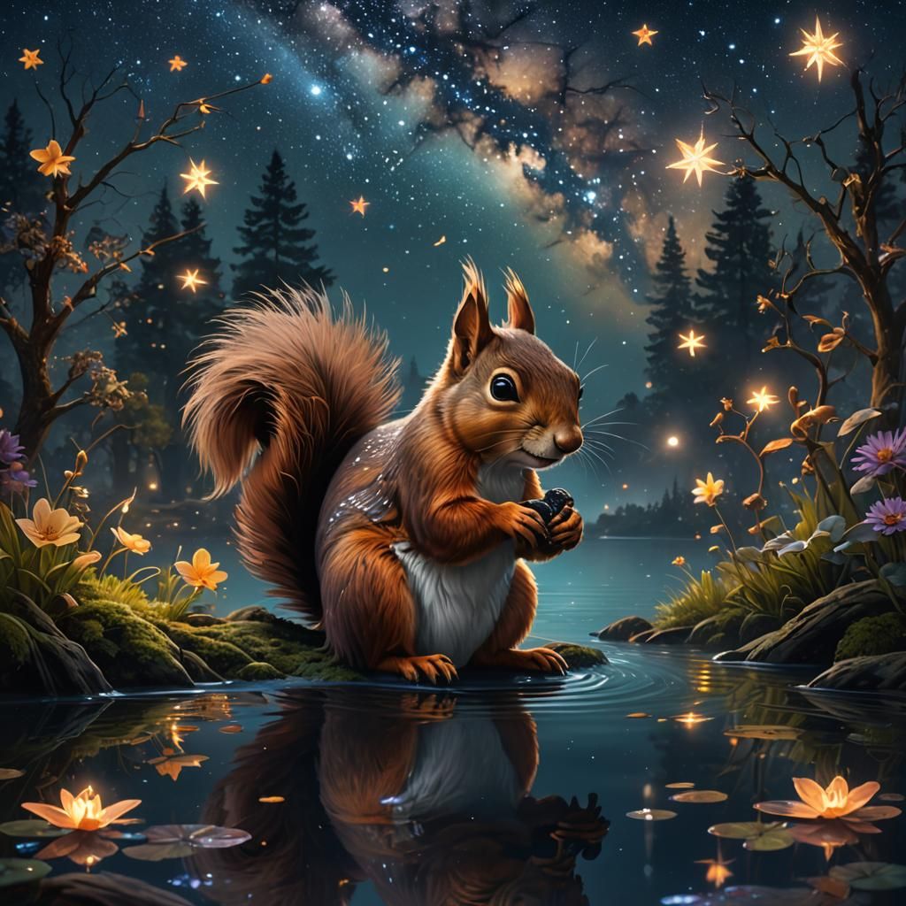 Squirrel making her painting on water in the night under the...