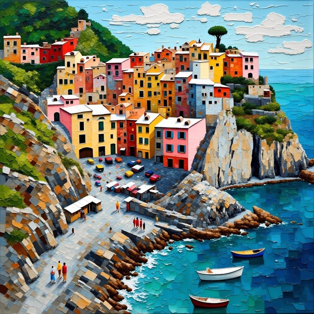 <lora:Impasto Patch:1.0>A realistic view of Cinque Terra, a gorgeous fishing village made entirely of patchwork and impasto painting. 