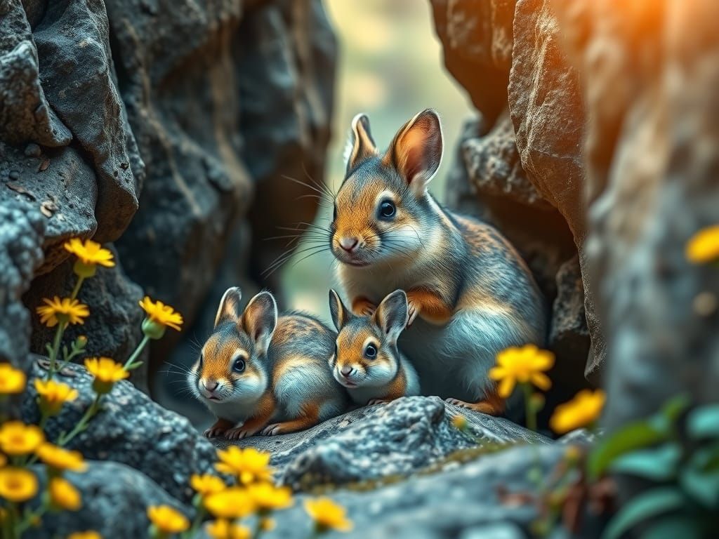 An exquisite AI-generated artwork portraying a Glover's pika with her babies on rocky cleft, framed by ...  by @Kindly Offer
