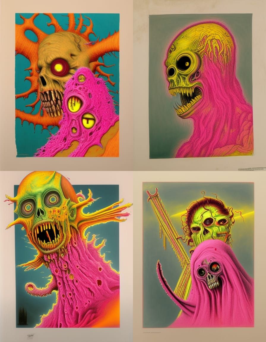 Pink and yellow Eldritch chainsaw wizard with a zombie face ...
