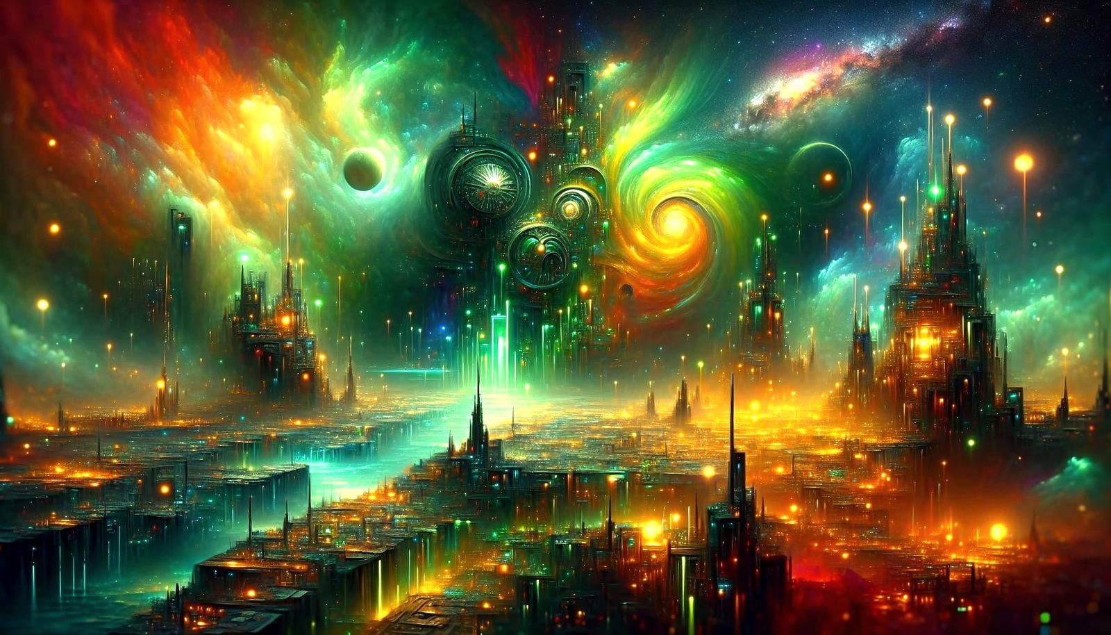 A Alien underwater city glowing in neon green and orange lights only the colors neon orange and neon ...  by @Ark  Follows you back