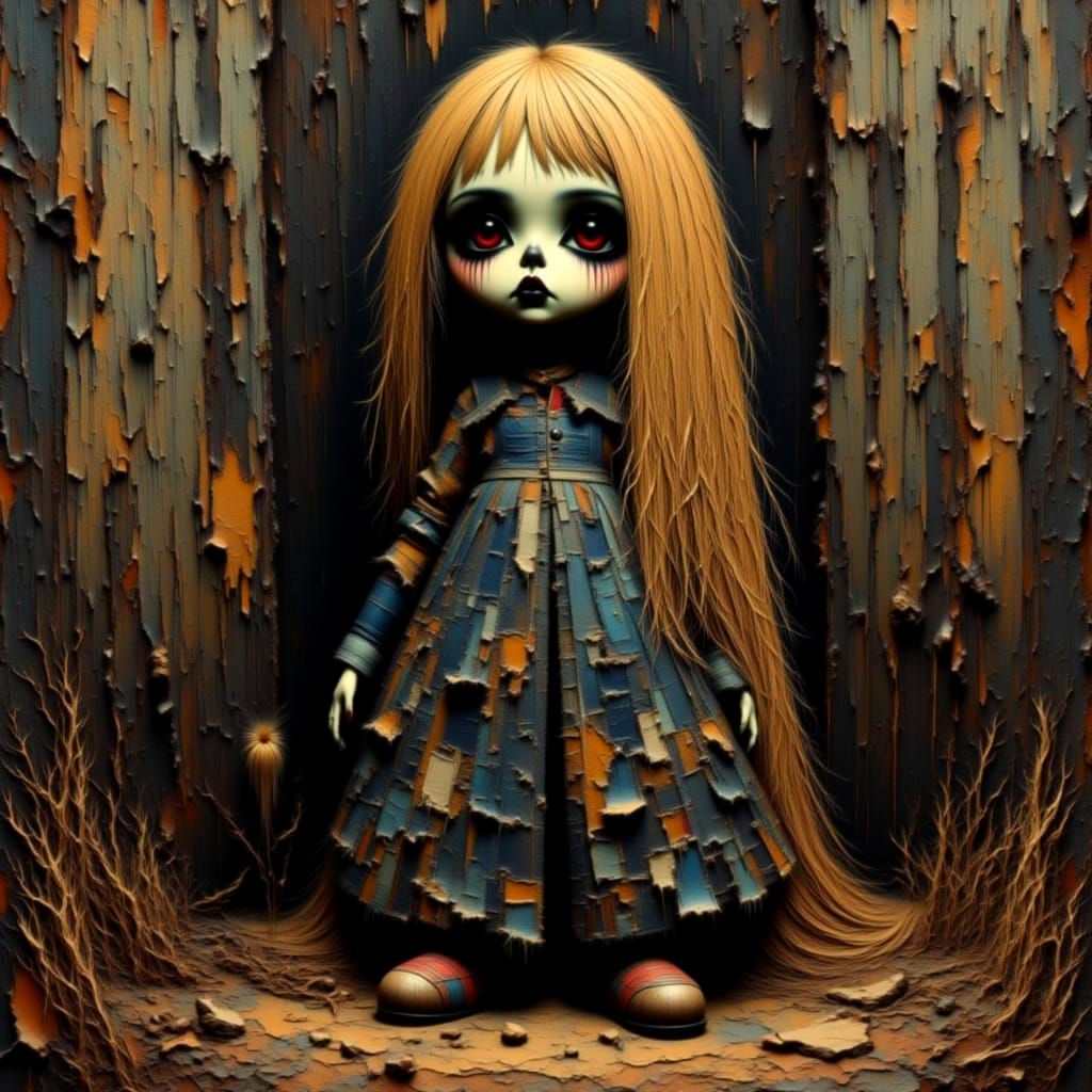 1970's vibe and fashion, , <lora:Burtonesque Row:1.0> Heavy smudged oil impasto painting, cinematic chiaroscuro, sinister Burtonesque rag do...