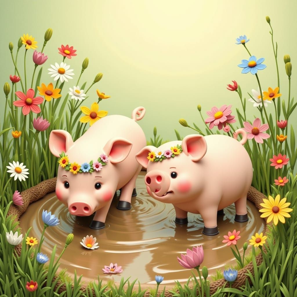 Baby Pigs in Mud: A Claymation-Style Scene