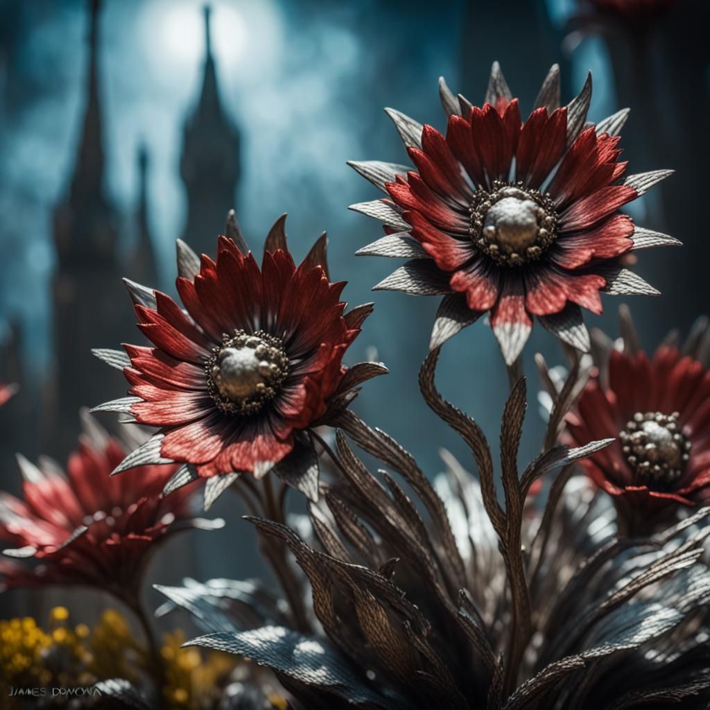 close up of a Metal Flowers from the future ,8k horror Gusta...