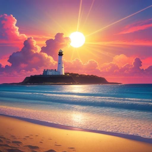 Stunning realistic beach sunset, clouds and sunlight overhea...