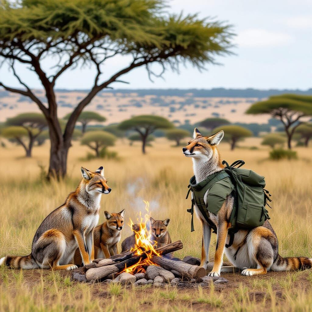 Cheetah Leaps Upward with Cubs in Savanna