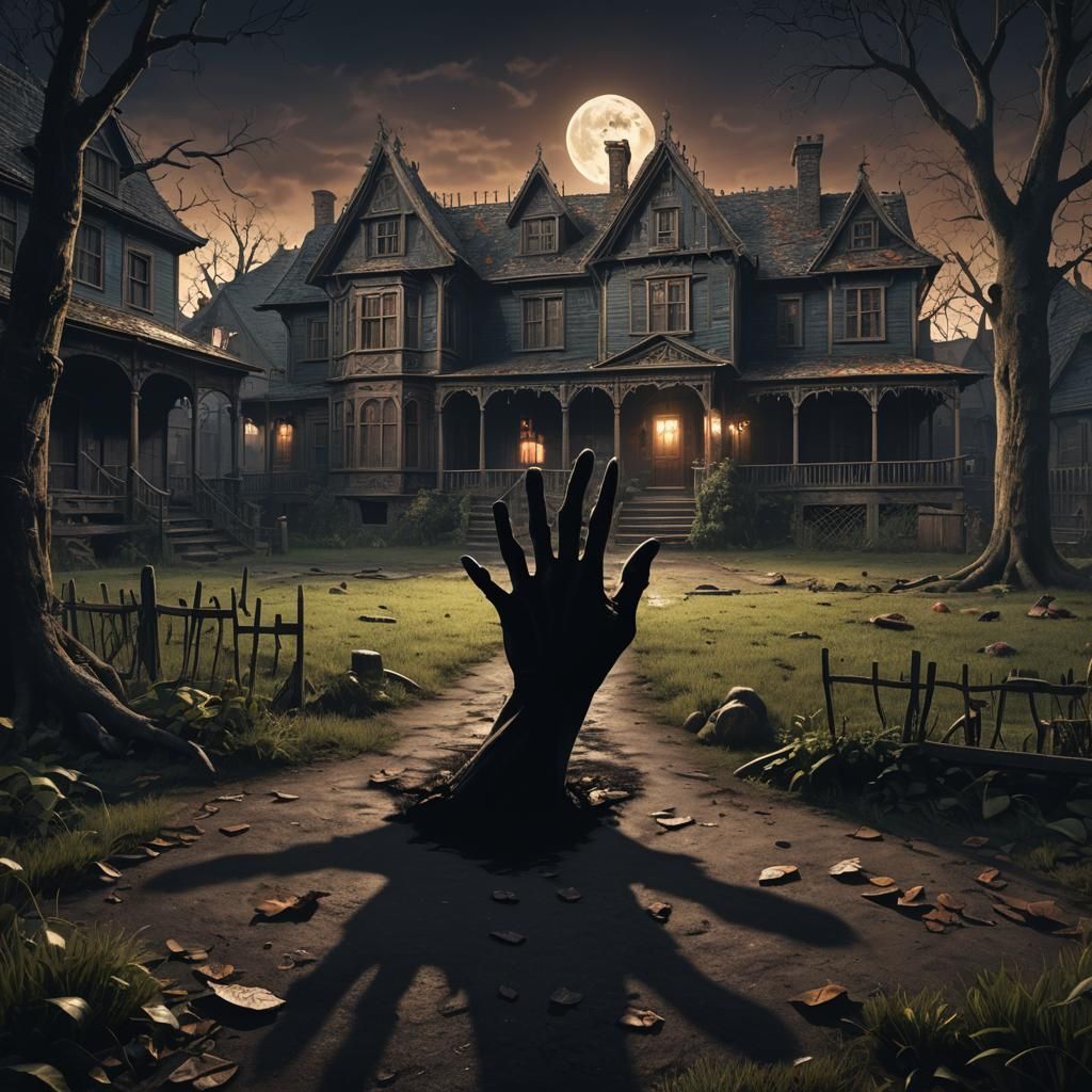 a shadow, in the dark night, in a yard of a haunted house, w...