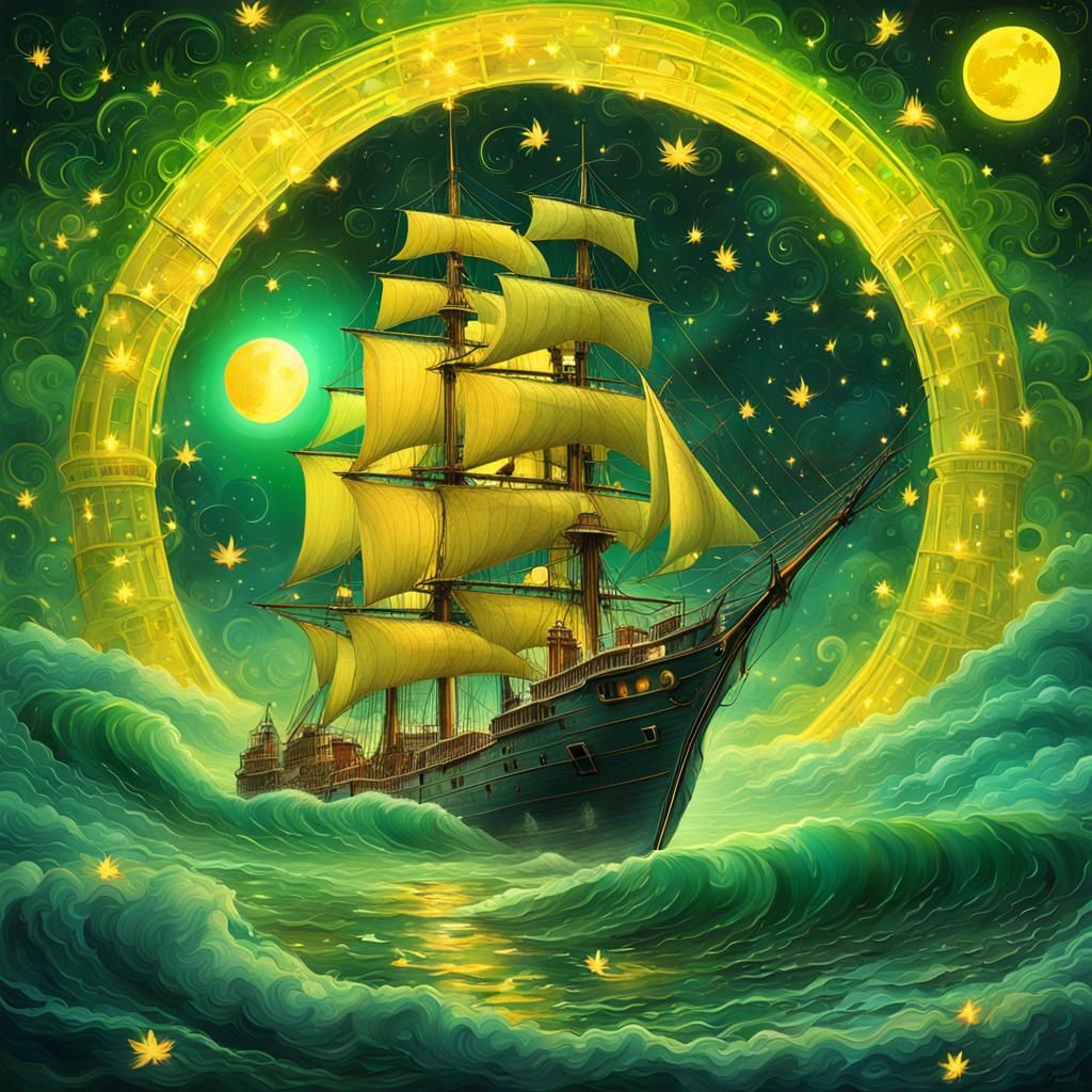 A large yellow sailing ship in the sea.  yellow moon  yellow...