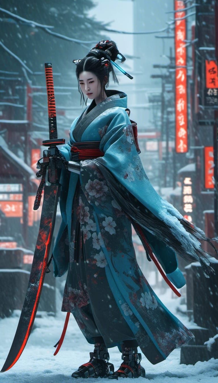 cinematic techwear, clean, sharp, geisha holding a fan, bioluminescence circuit, HDR, highly detailed robot holding a big sword in winter<lo...