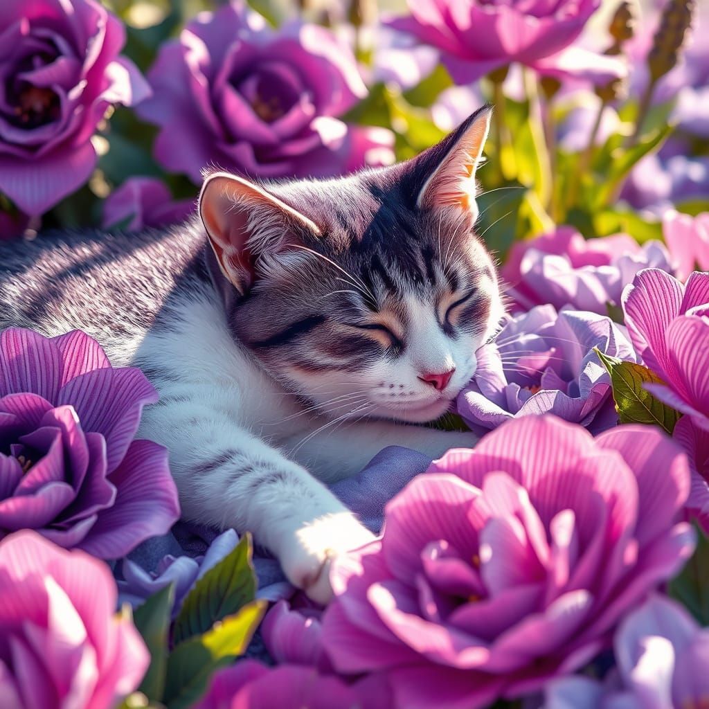 Vibrant Purple Cat Reclines in Whimsical Garden