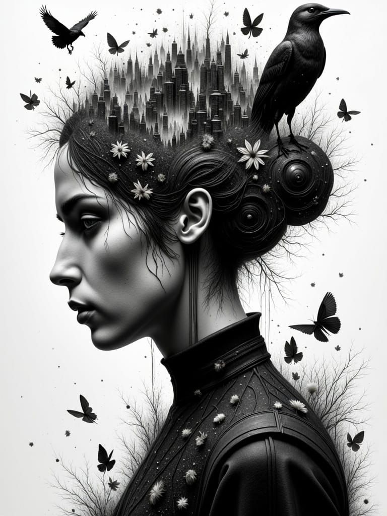 Woman with Bird in Abstract Reality