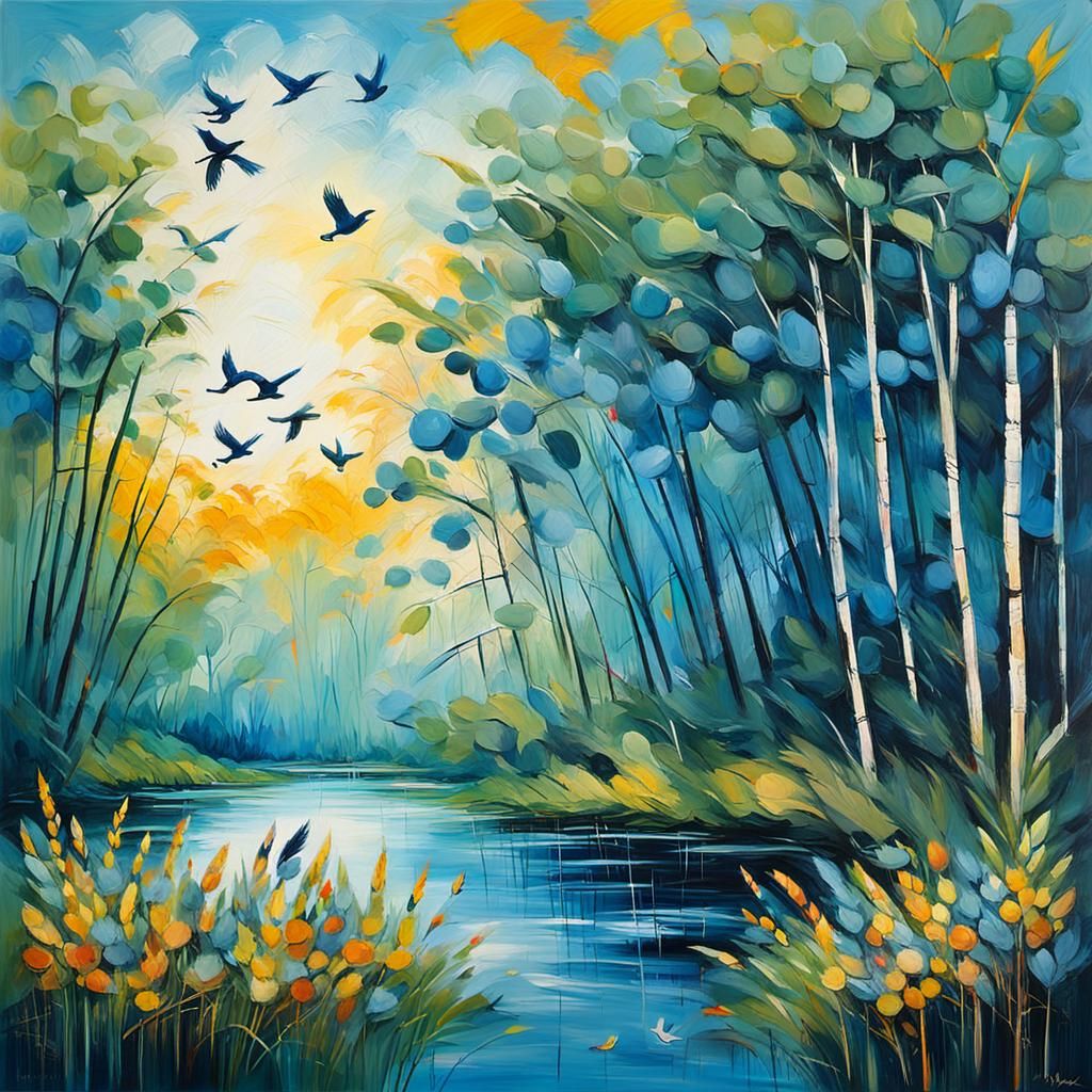 Abstract Expressionist Riverbank with Papyrus and Birds