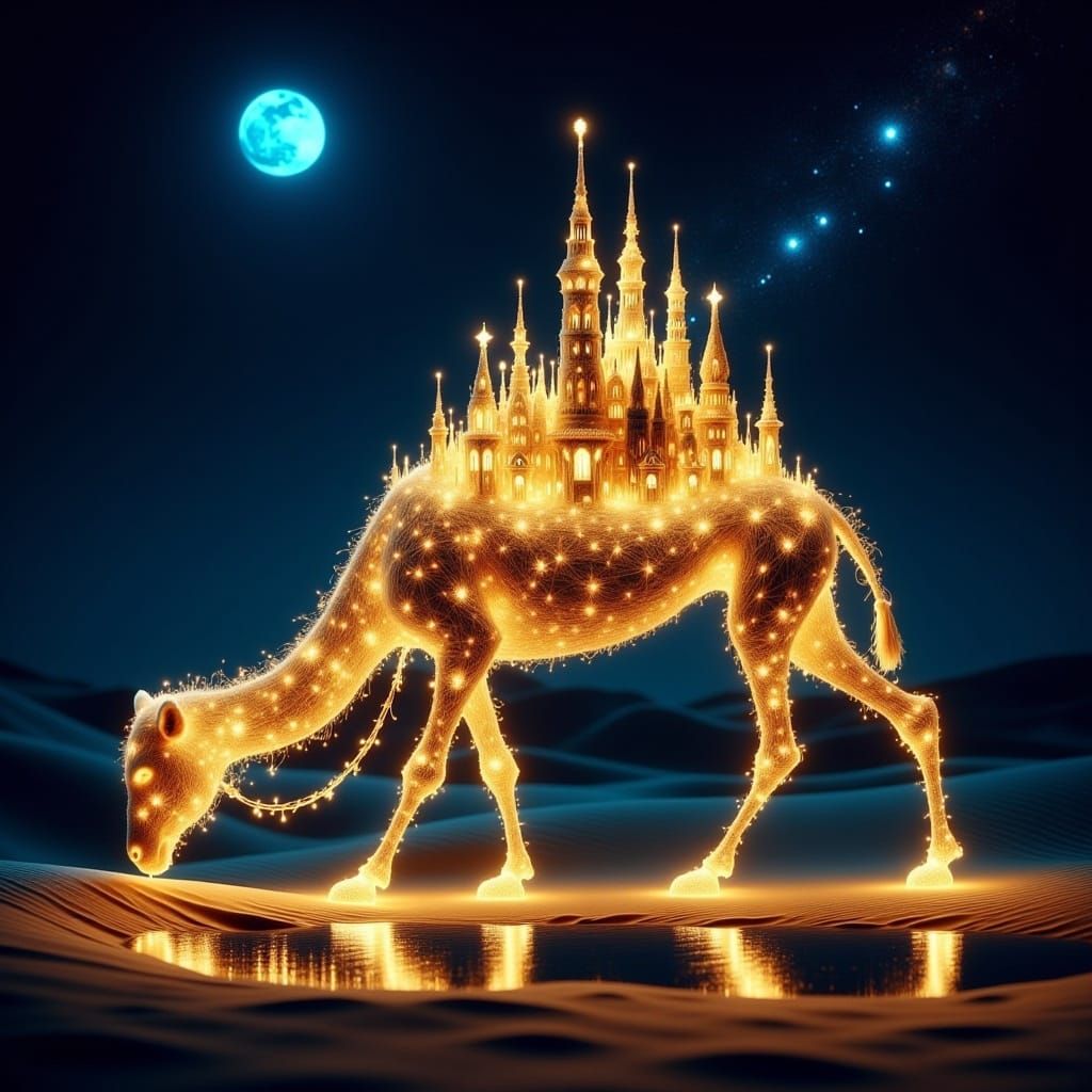 <lora:Fairy Lights:1.0> "An ethereal, otherworldly camel, intricately formed from glistening strands of golden fairy lights, drinks from a p...