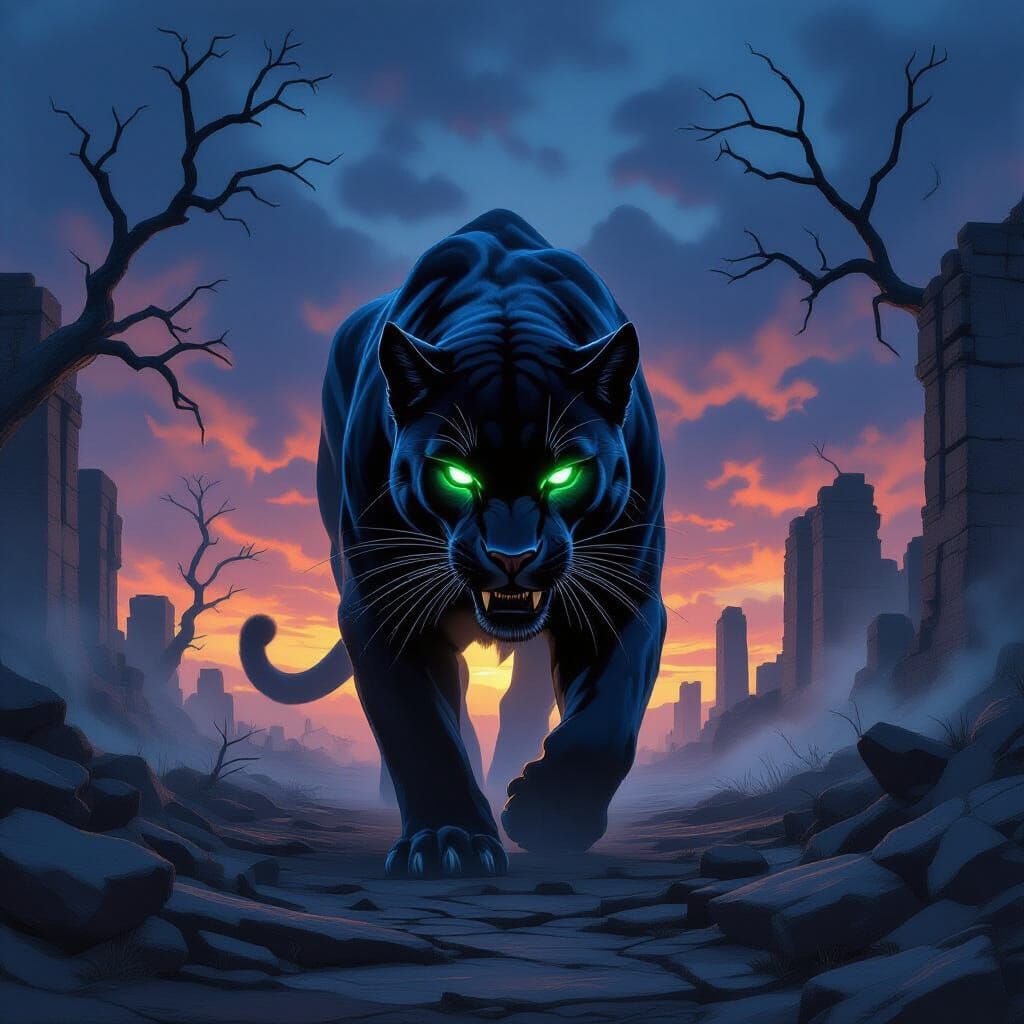 A colossal, obsidian panther with glowing emerald eyes stalks through a desolate, ancient ruin under a bruised, twilight sky. Skeletal trees...