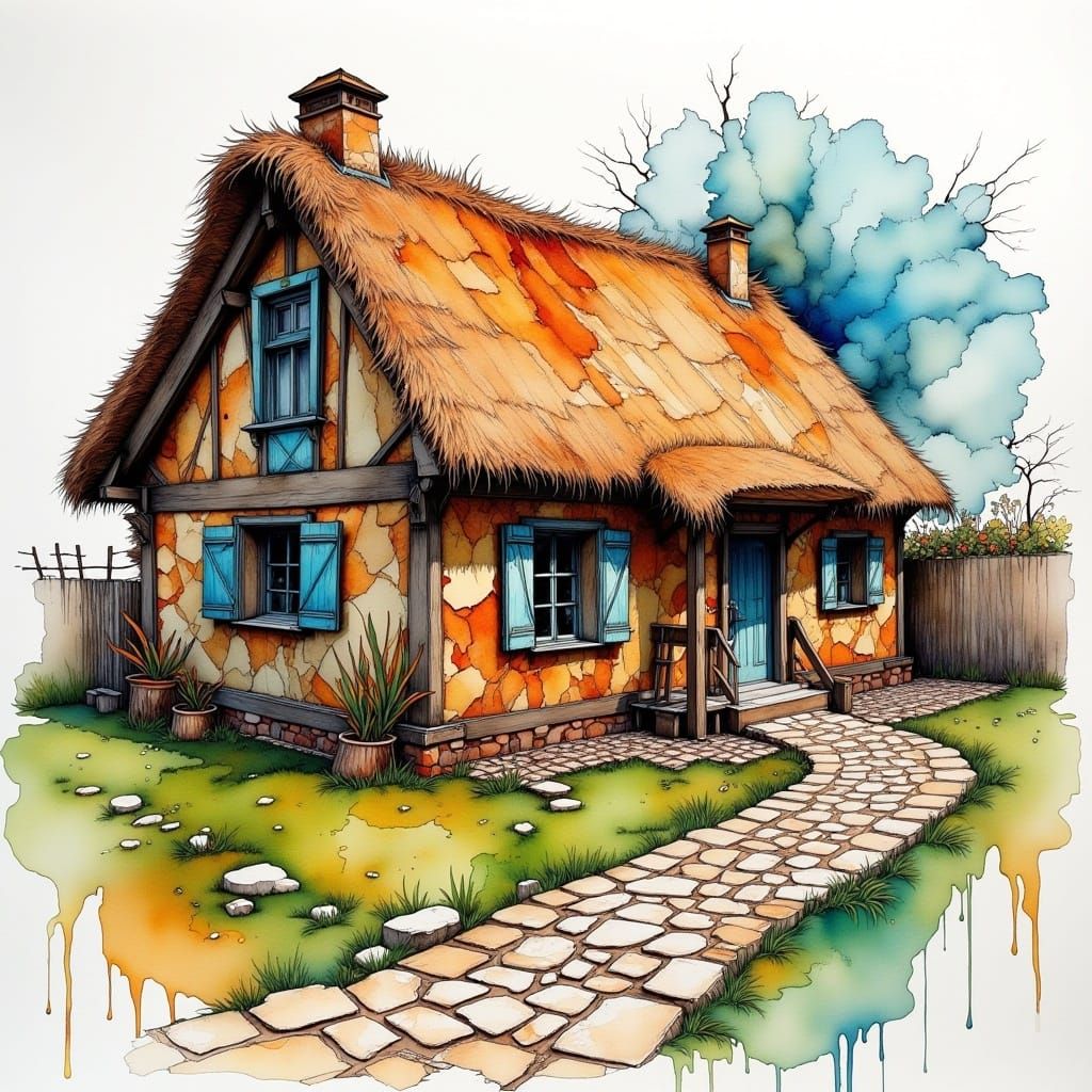 <lora:Neurographic Flux:1.0> country house, thatched roof, cobble stones, neurographic drawing, alcohol ink,