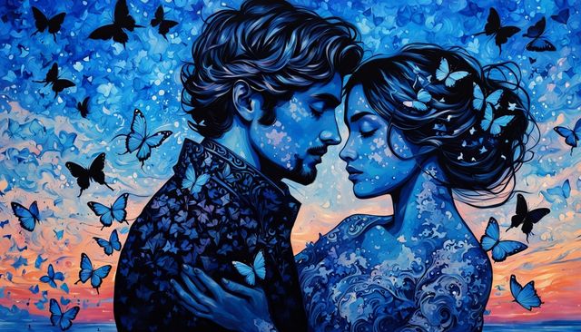 "Blue" beautiful closeup blue sunset splash art painting, silhouette of a couple floating next to tiny butterflies, amazing vibrant blue det...