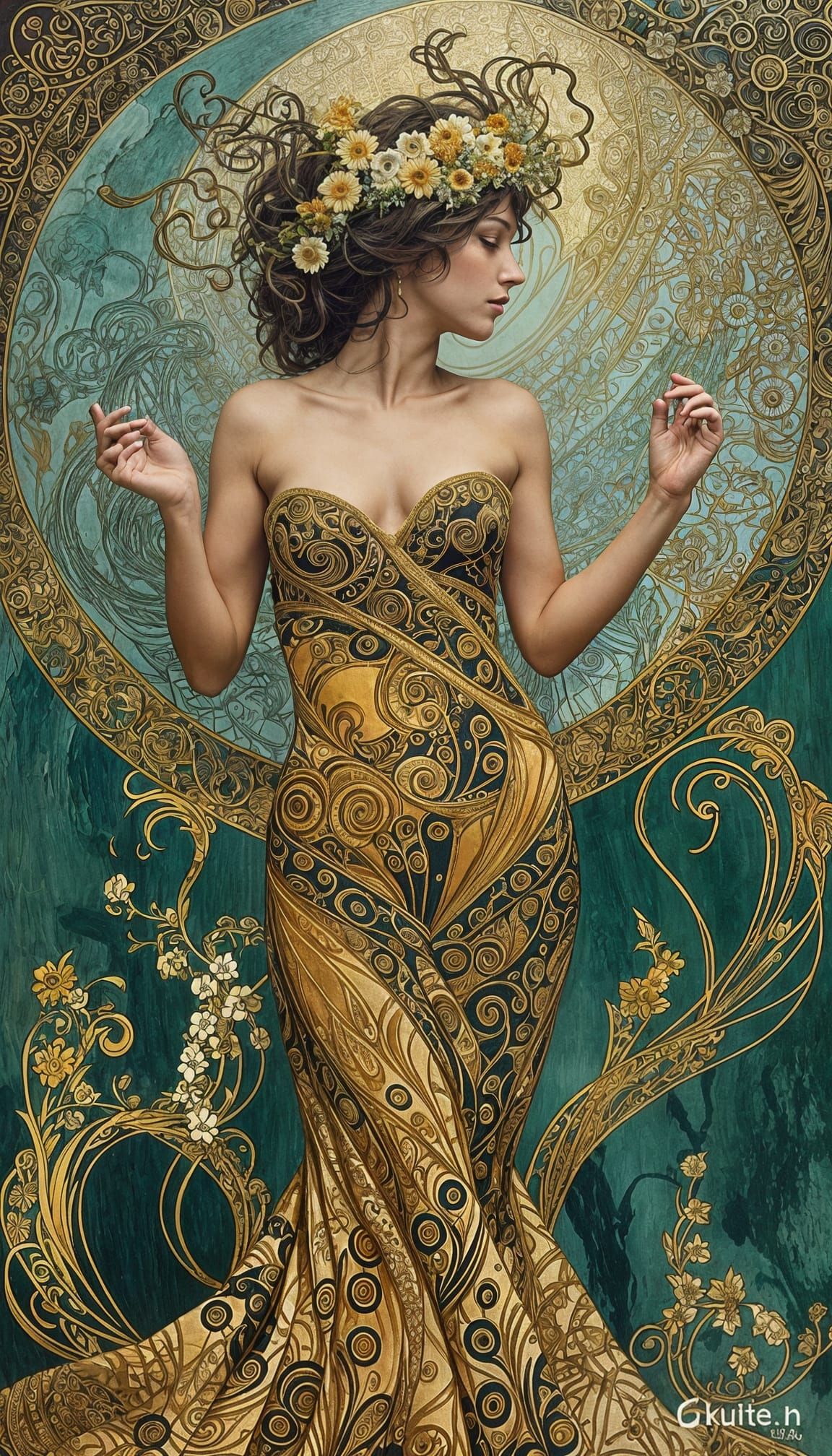 high quality, 8K Ultra HD, In the spirit of Gustav Klimt, the canvas comes alive with intricate patterns,