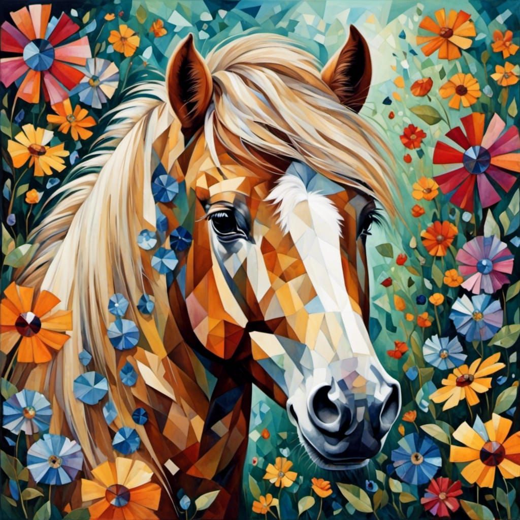 <lora:Crystal Cubism:1.0> Crystal Cubism, geometric, Adorable Shetland pony, beautiful, detailed, field, wildflowers, Lisa Parker