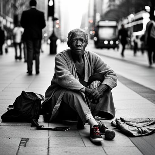 highly realistic photograph of a homeless woman sitting on a...