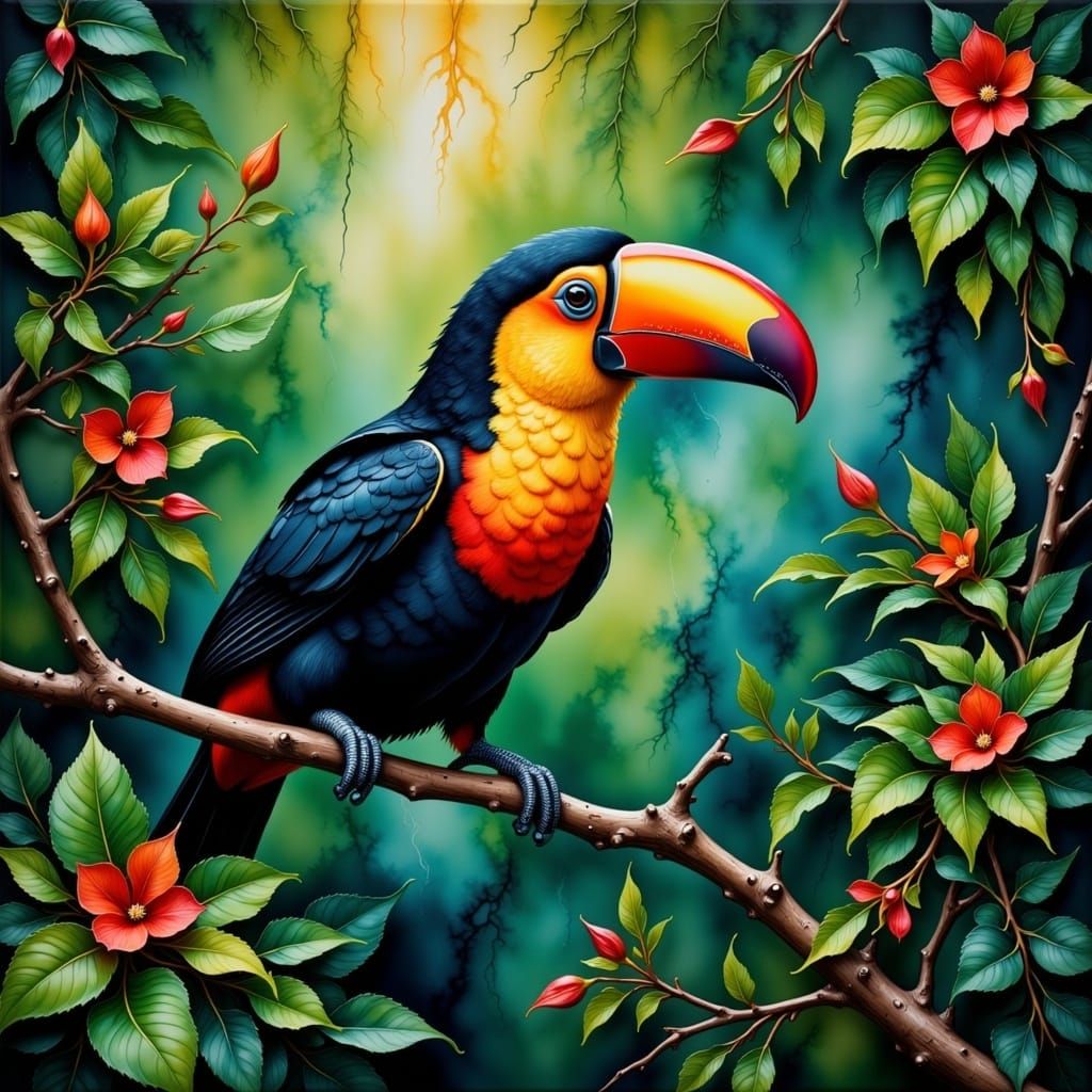 Toucan perched on a vine in the Rain Forest <lora:Alcohol Inks:1.0> 