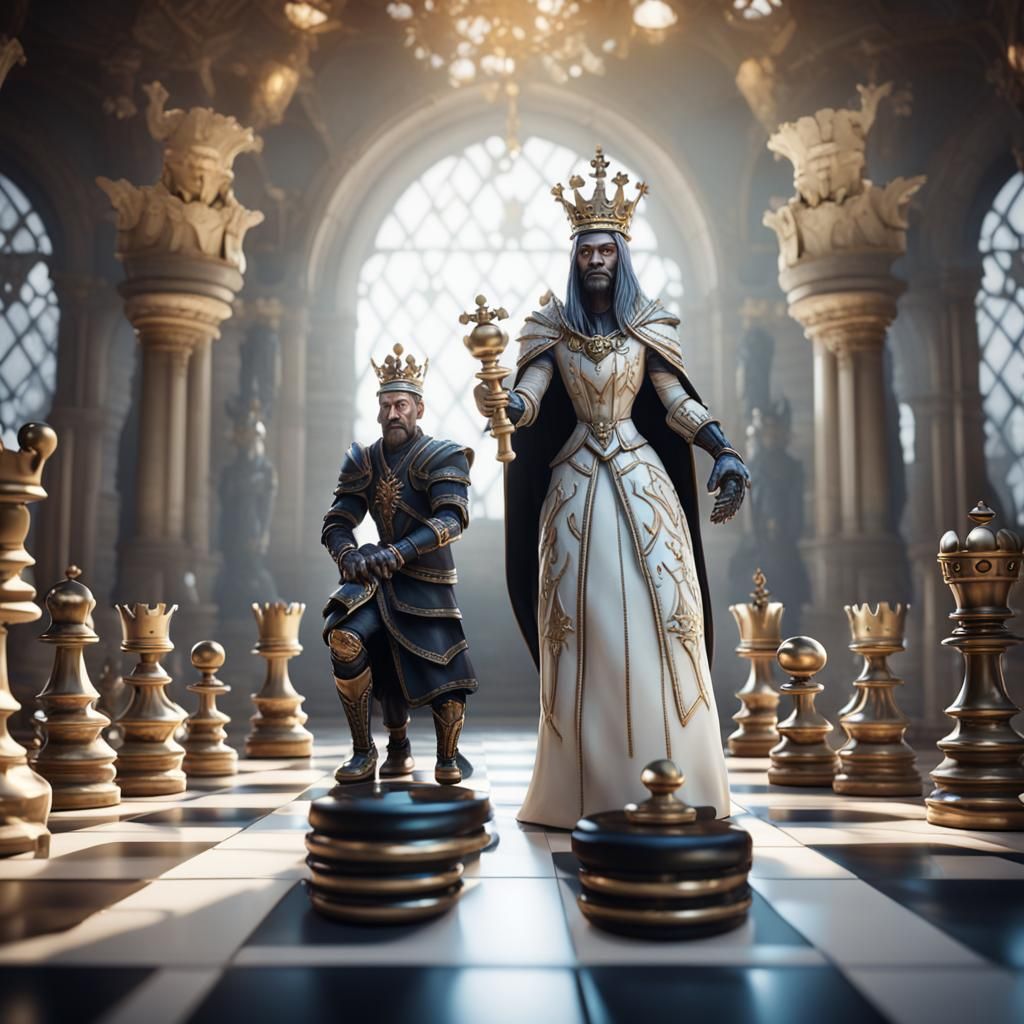 Anthropomorphic chess white king and black queen 