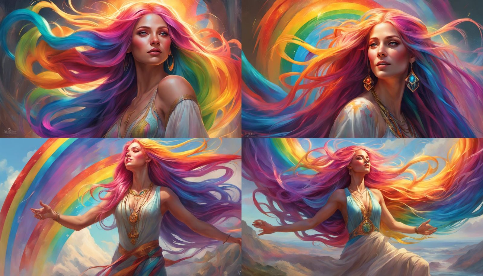 Woman, very long rainbow hair, goddess, joyful,  dancing, gl...