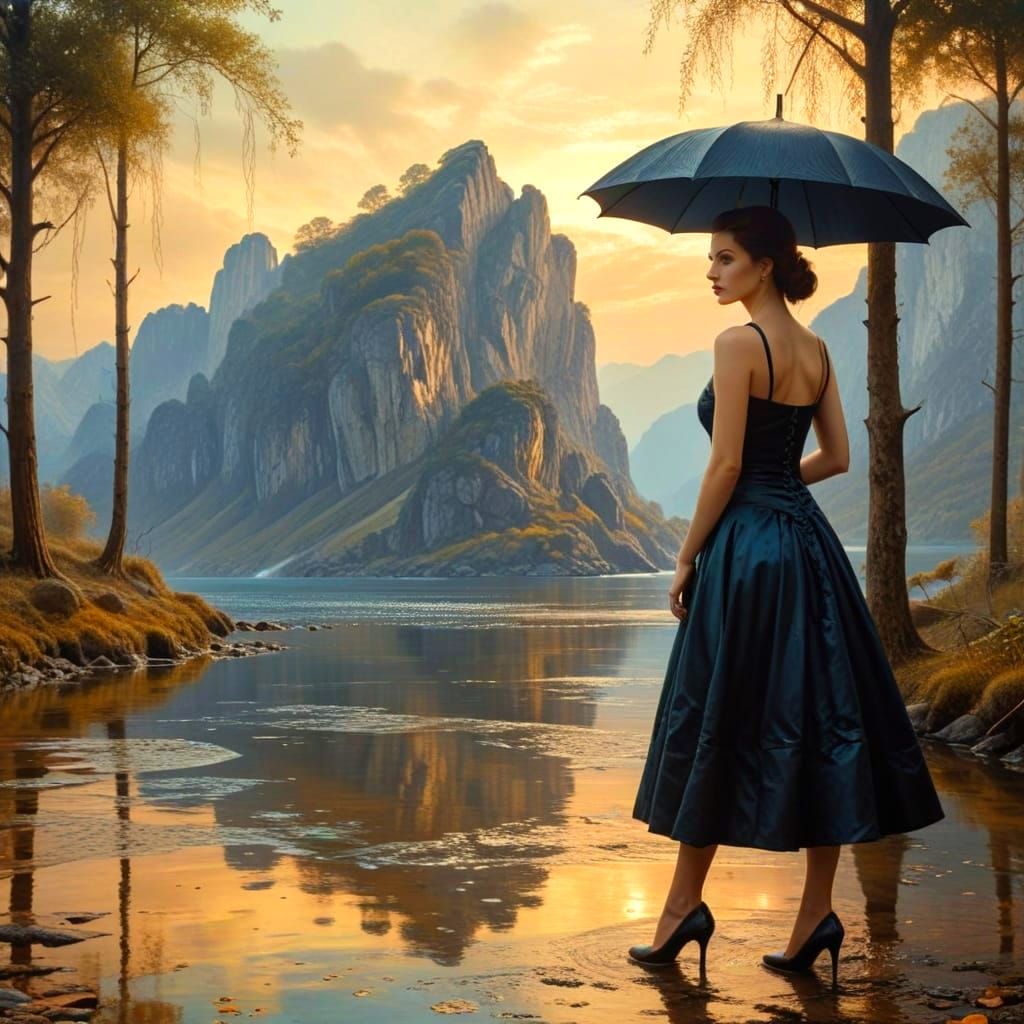 Hyperrealistic Mature Woman in Surreal Landscape