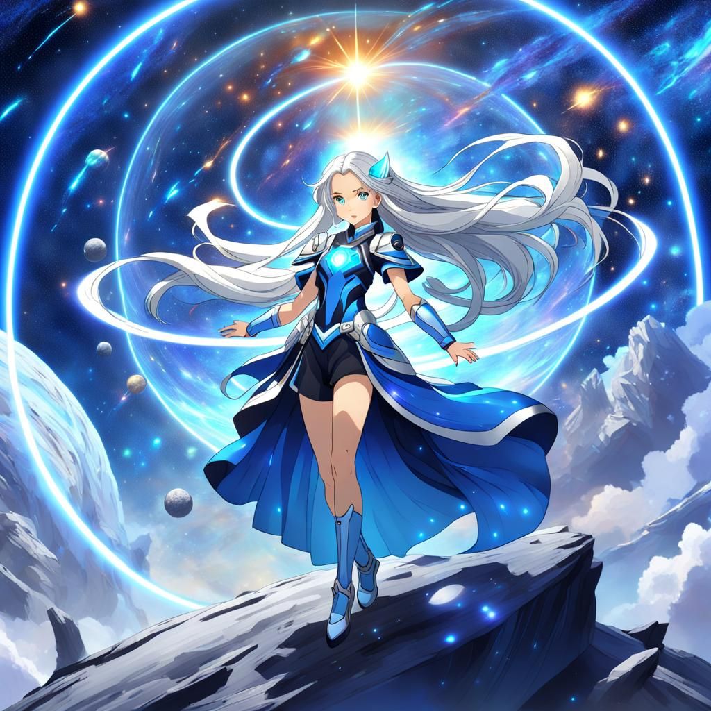 In striking 8K anime-style quality, a digital drawing brings to life a galactic warrior-themed female ...  by @DJDiztorted