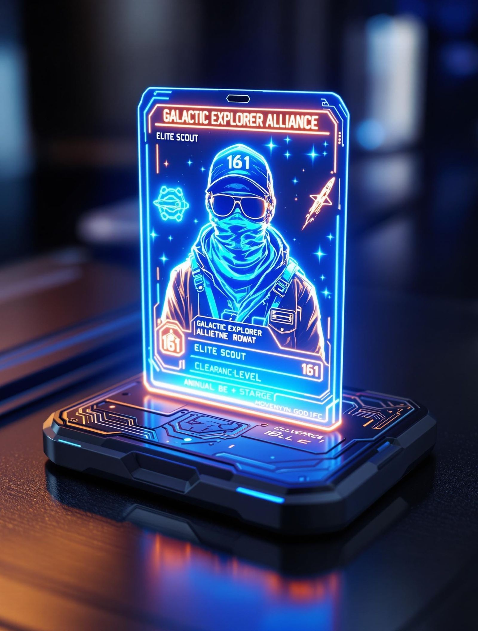A Star Wars-inspired holographic ID display featuring MovemntGod161. The compact base of the ID card lies flat on a slee...
