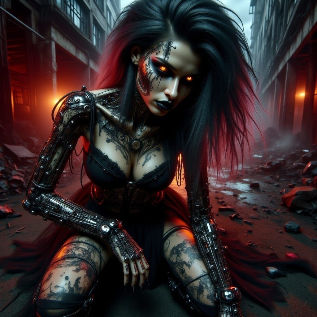 <lora:-CyberGothica-:1.0>  a hyperrealistic image of a attractive woman in the style of Simon Bisley with a sinister mood and a more siniste...