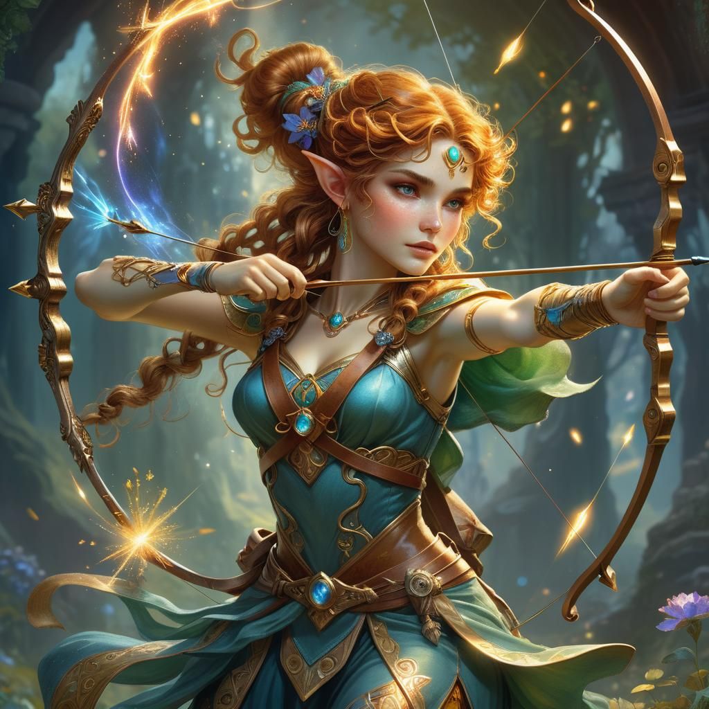 Zenna, an archer elf video game character with her magical bow  by @Kim