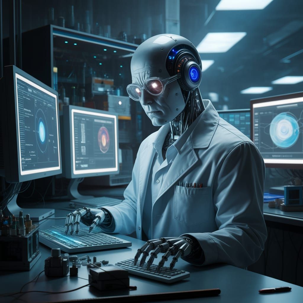 Mad scientist robot in search of the ultimate prompt for creating new life 🧬  by @Ms Art