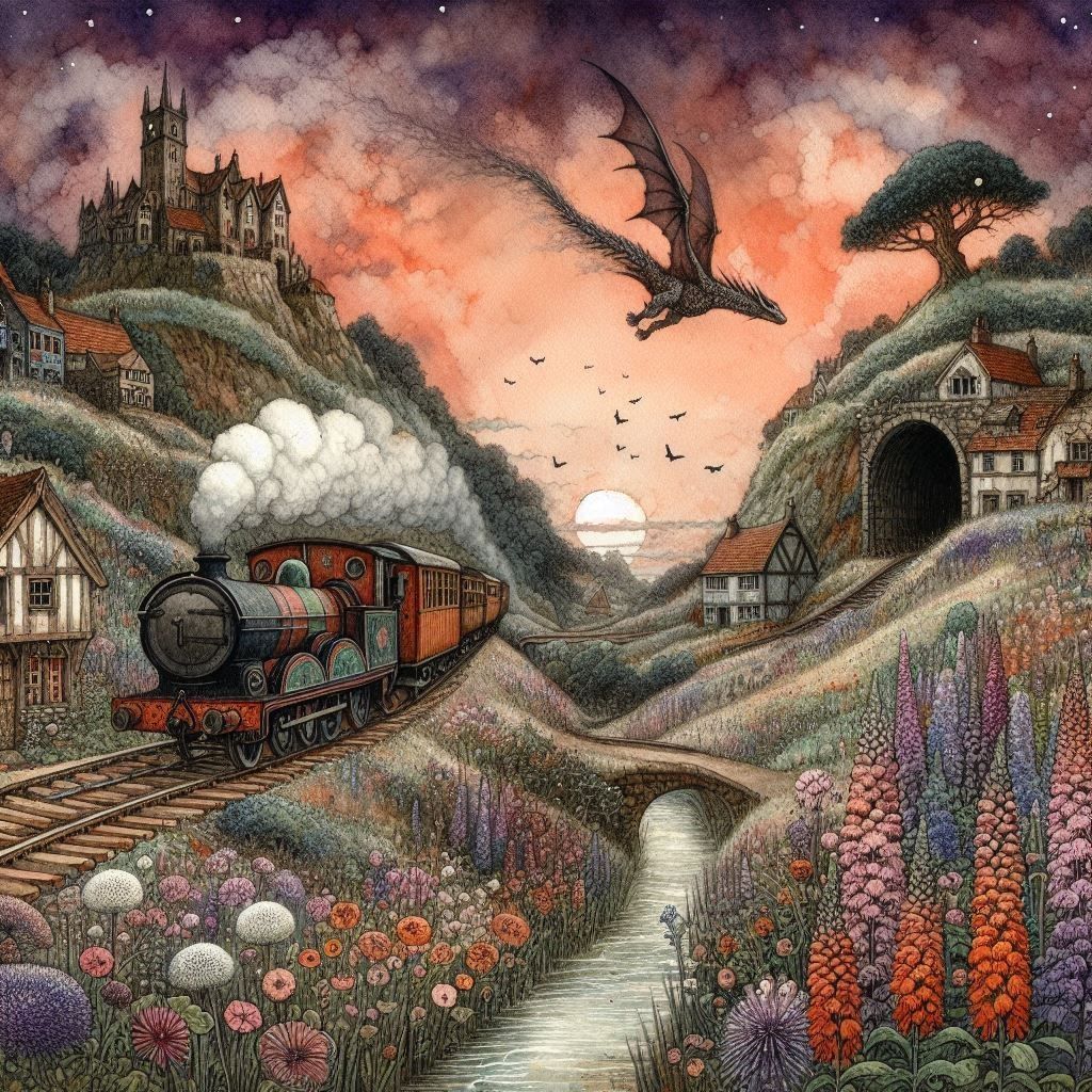 an old train on rickety tracks floating in the air