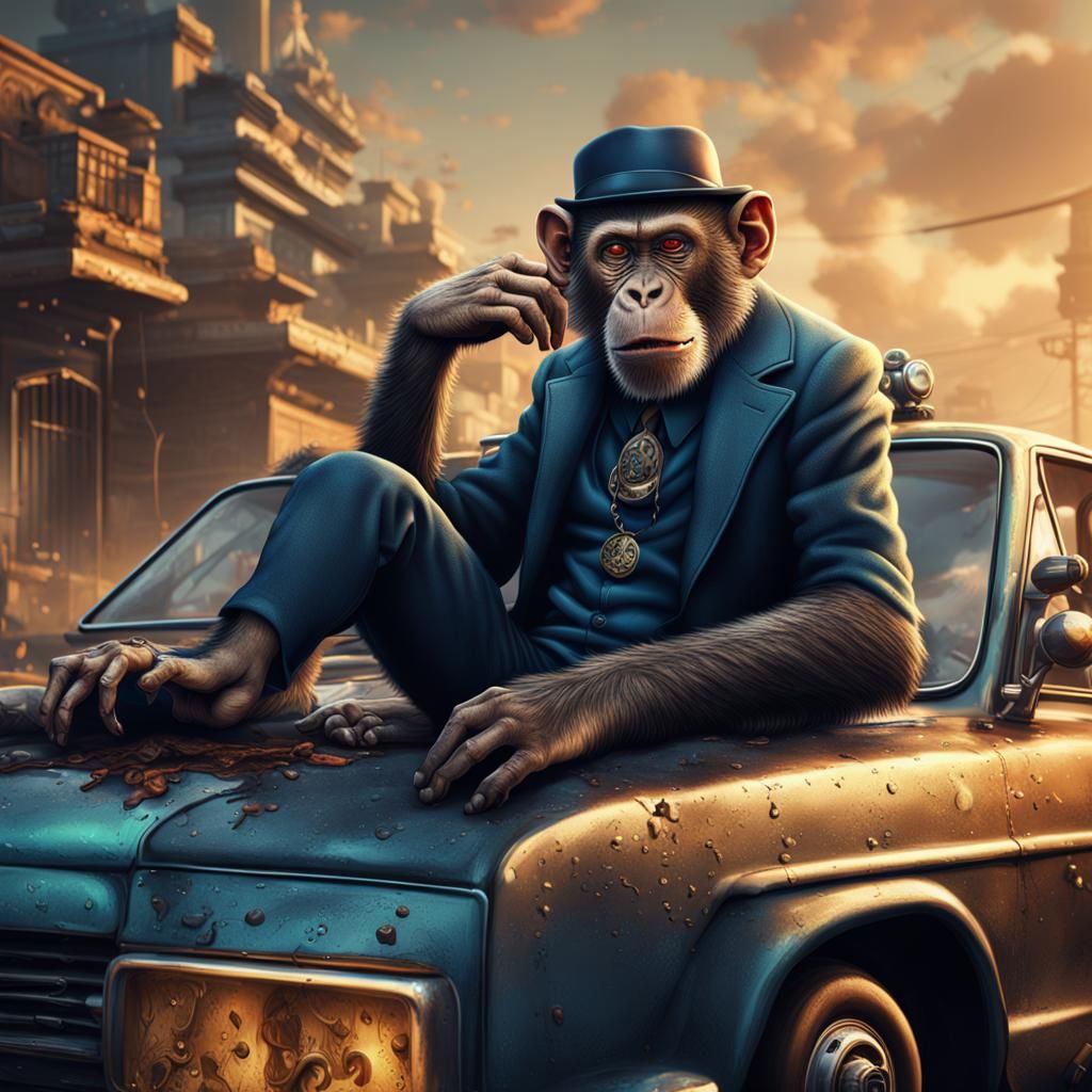 Gangster Monkey on Car: Detailed Fantasy Concept Art