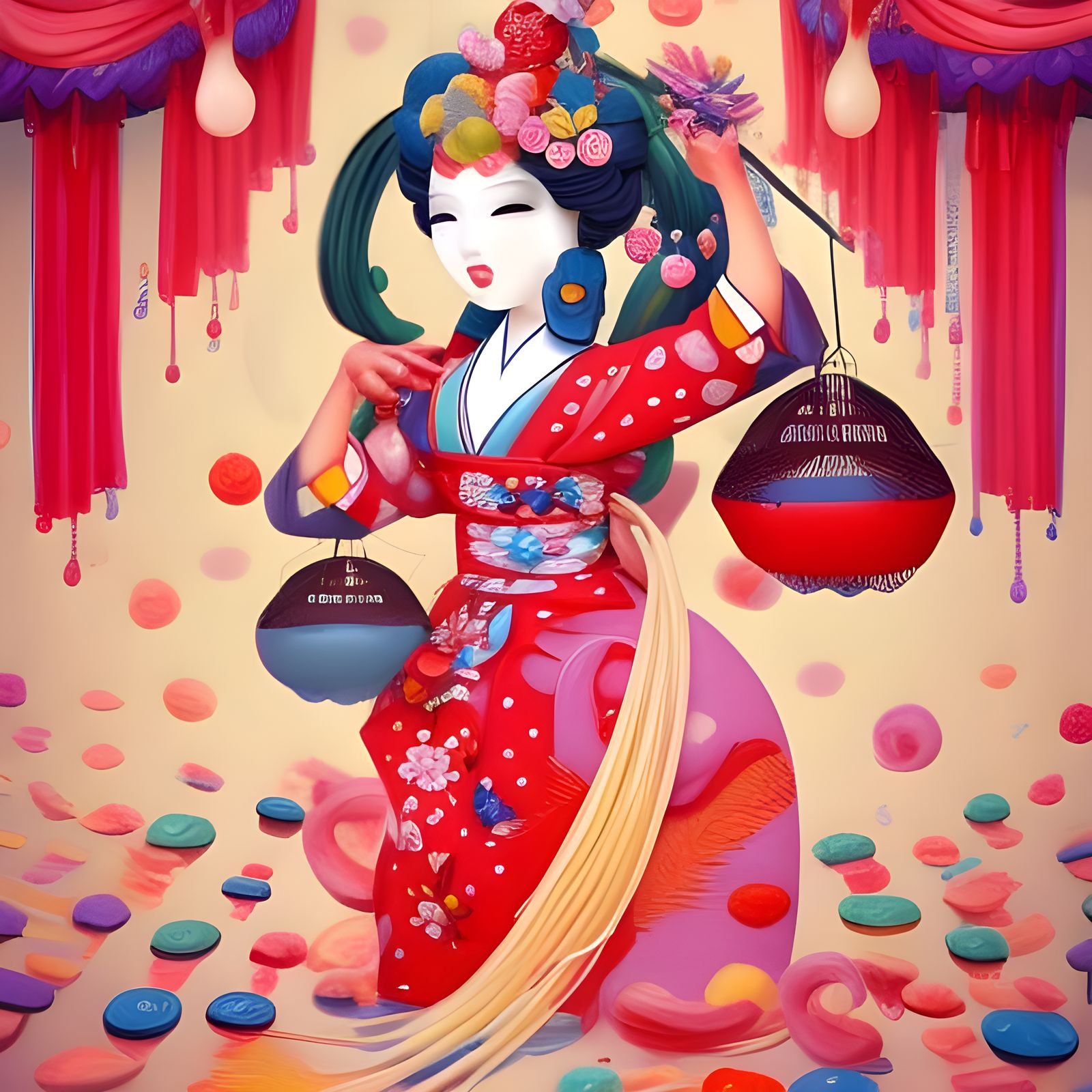 a beautiful geisha doll, strawberries around her, Candy art style ...