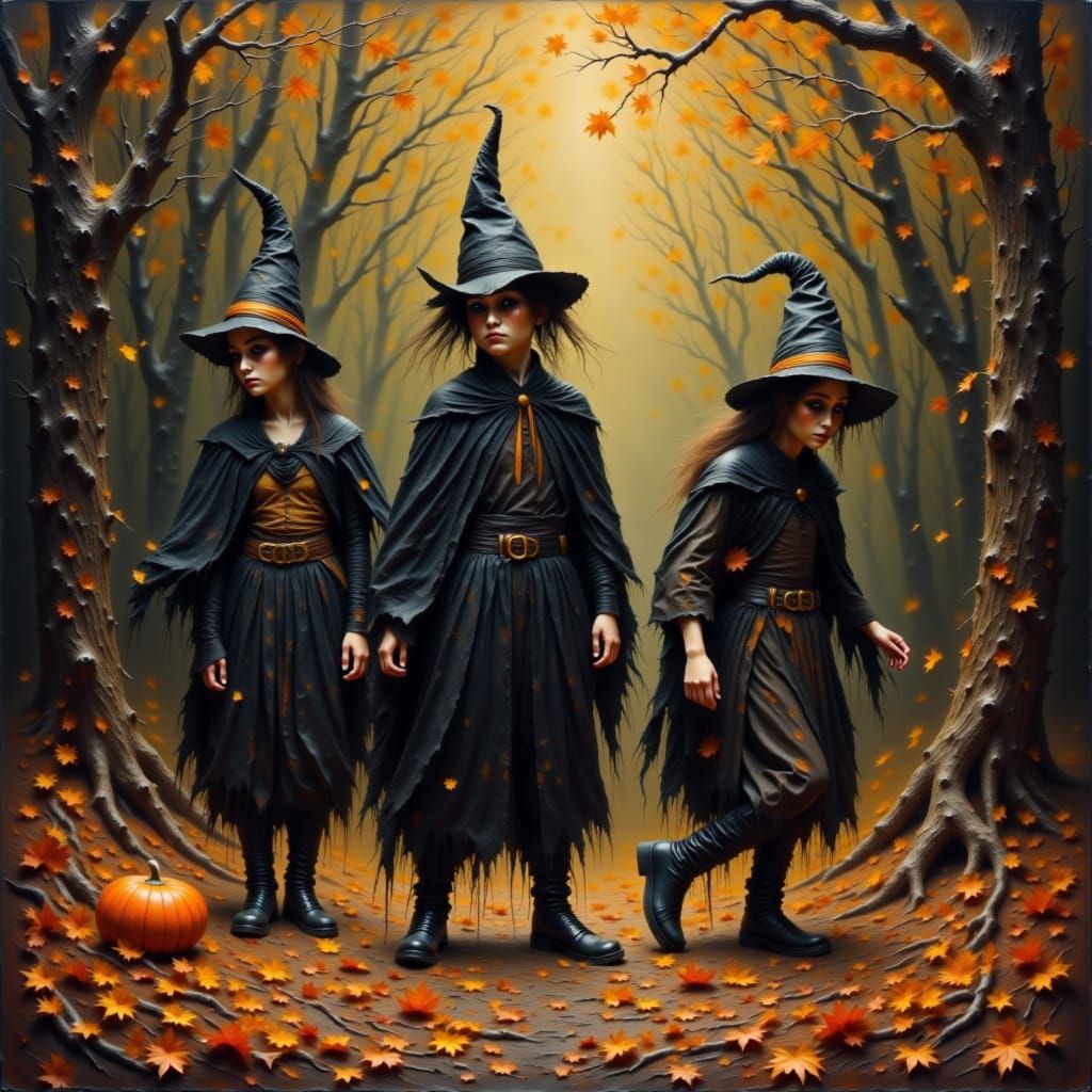 <lora:Gothic Halloween 1-1:1.0> Children trick-or-treating in eerie costumes, autumn leaves swirling around them