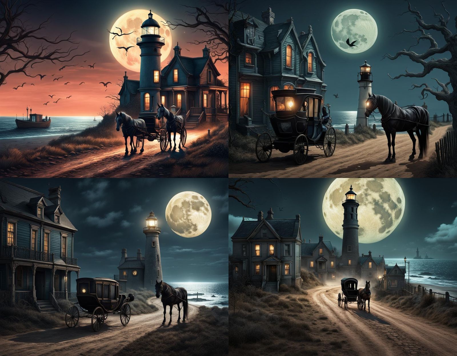 Gothic seaside village, eerie, sinister full moon, eerie lig...