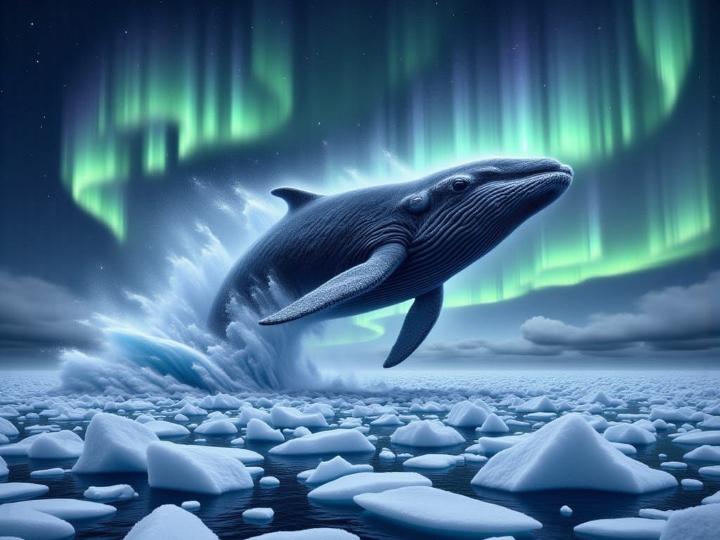  <lora:FiosWindsweptEcho:1.0> Humpback splashing under the Northern Lights