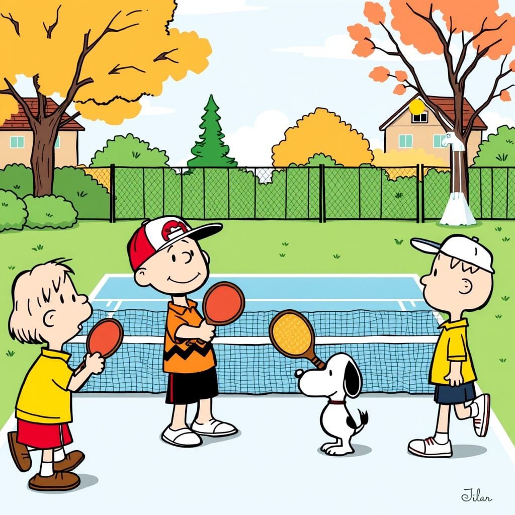 Charlie Brown and Snoopy playing pickleball against Lucy and Linus -fail- Poor Linus has an extra foot ...  by @KEDs