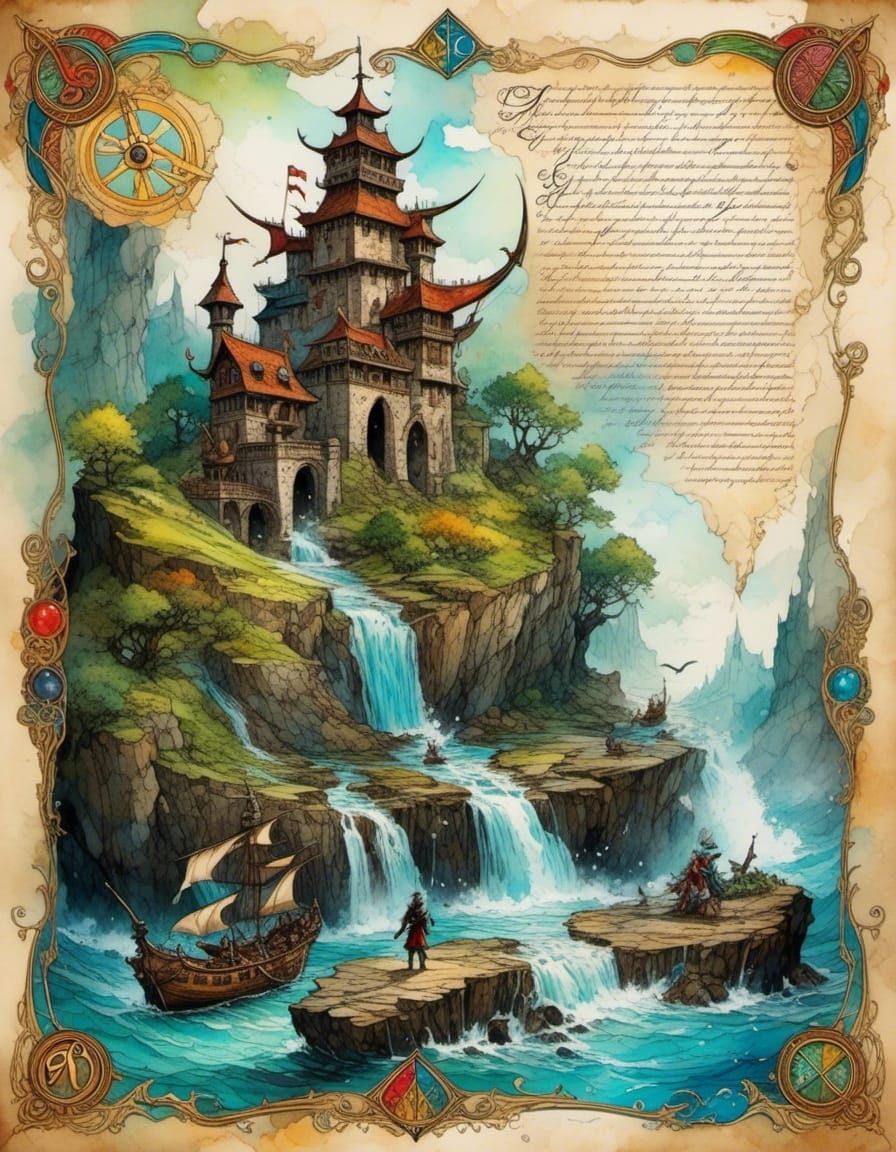 <lora:AOCP:1.0>an old beautifully decorated handwritten letter by a pirate, in Elvish Tengwar alphabet, with elvish handwriting, wax seal, c...