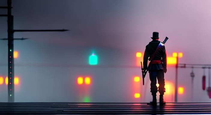 neon cityscape, depth-of-field close-up portrait, ninja with...