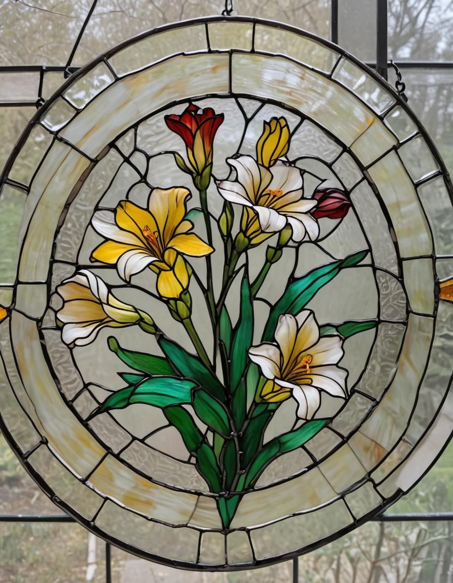 traditional stain glass round, small vibrant freesia flower ...