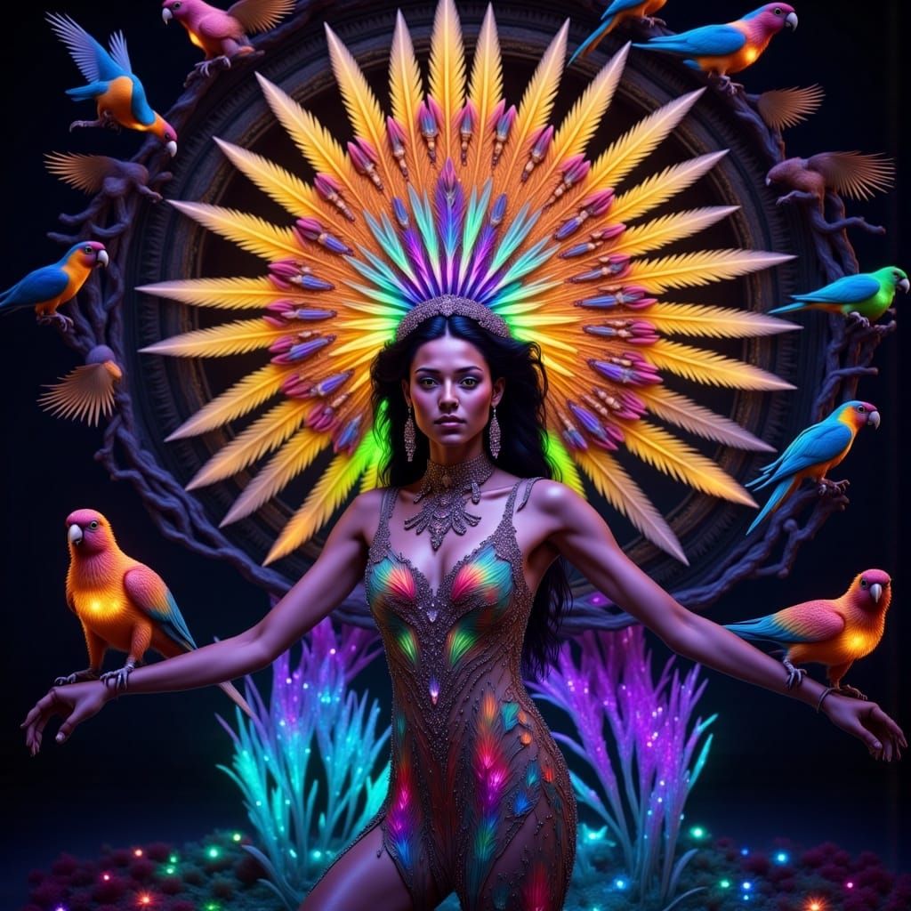 Amazing detailed photorealistic kaleidoscopic blacklight UV light portrait beautiful shaman surrounded by exotic birds bioluminescence, drea...