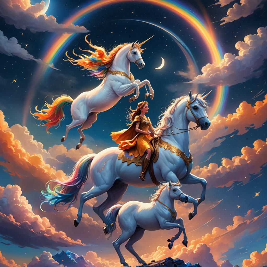 2 princesses with their unicorns in the night sky and rainbo...