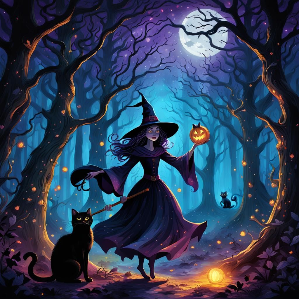 Black cat playing with witch in dark forest moonlit