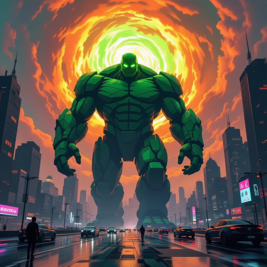 Colossal Golem in Futuristic Metropolis: Digital Matte Paint...