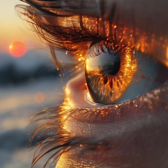 <lora:MJ6 Eyes AR181:1.0> Eternal Sunset: A perpetual sunset captured within the iris of an immortal eye, casting a warm, golden glow over...
