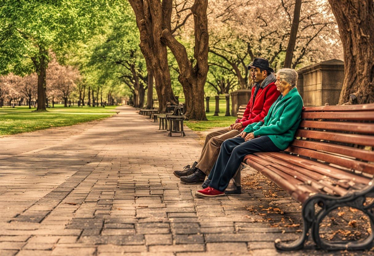 A couple on a park bench. intricate details, HDR, beautifully shot, hyperrealistic, sharp focus, 64 megapixels, perfect composition, high co...